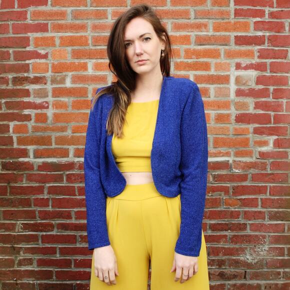 Vintage 80s Onyx Nite Lurex Bolero Jacket  Sapphire Blue Sparkle Knit | Size M - Picture 2 of 7